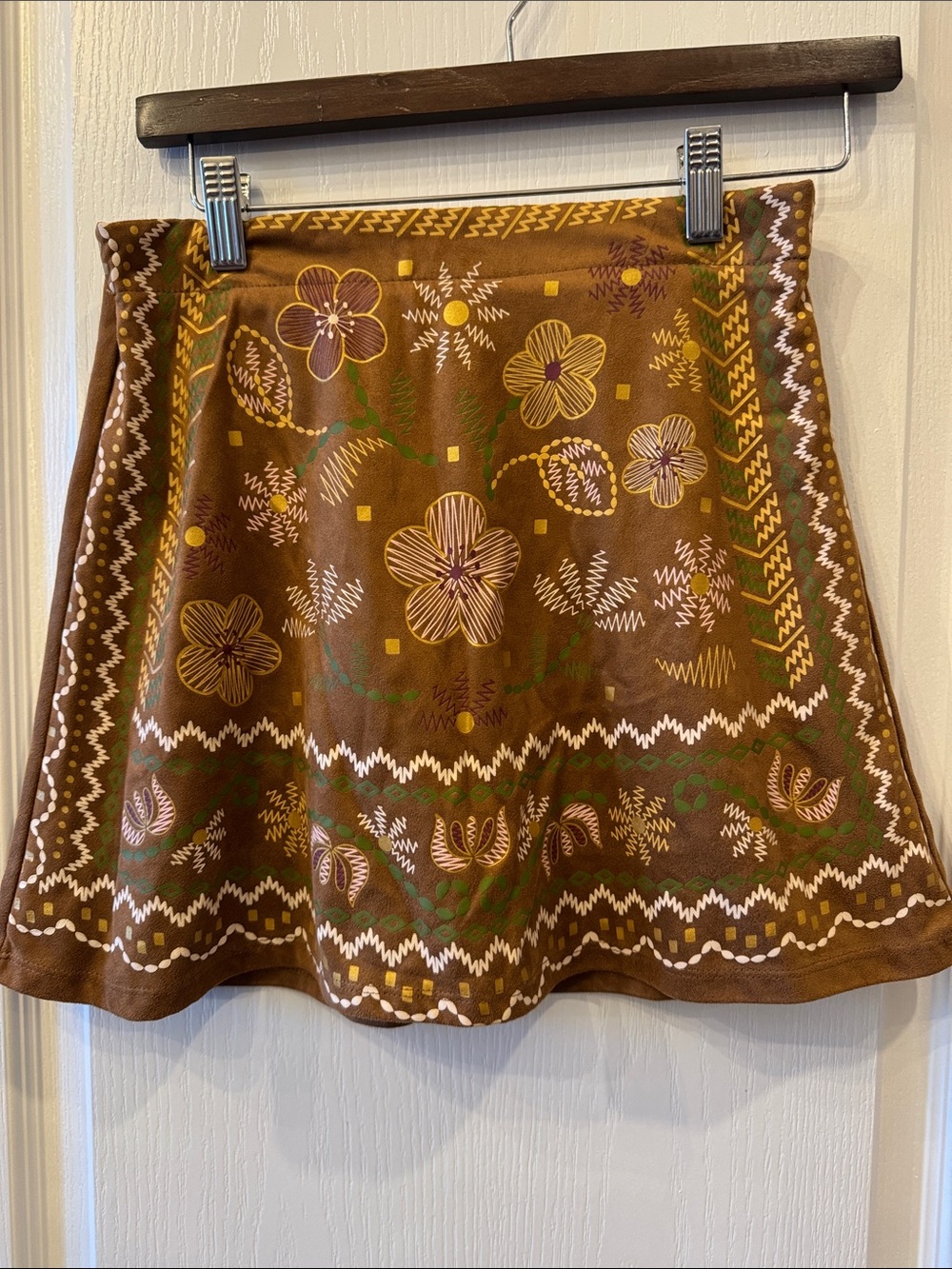 Amy Byer Brown Floral A-Line Skirt with Green and Cream Details